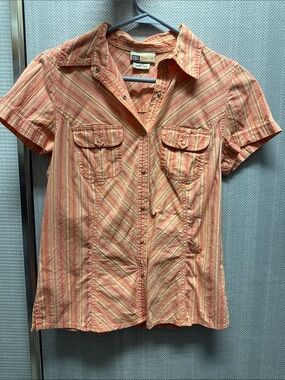 Short-Sleeve Striped Button-Up Shirt in Coral, pink, yellow and lite orange